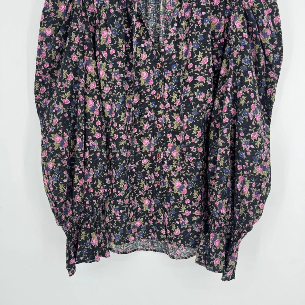 Free People Meant to Be Blouse Medium Black Floral Boho Romantic Puff Sleeve Top